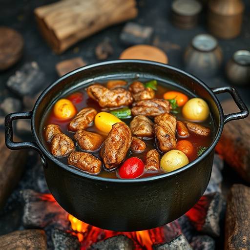 A cast iron Potjiekos pot bubbling over an open fire with vegetables and meat visible.