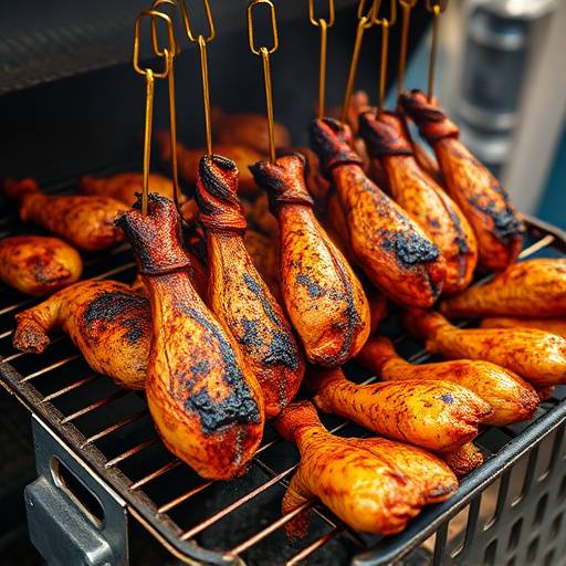 A close-up of walkie talkies (chicken feet and heads) being grilled over an open flame on the street