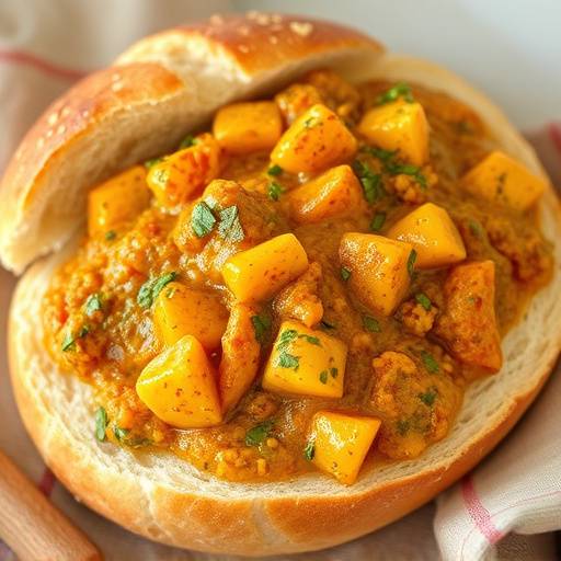 A freshly baked loaf of bread filled with Durban curry, overflowing with flavorful sauce