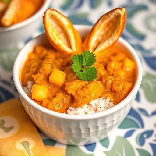 A golden-brown Bunny Chow, filled with spicy Durban curry and a piece of the bread used as a 'lid'.