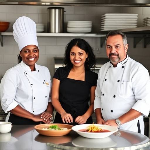 A group photo of Chef Zola Nene, Aisha Patel, and David van der Merwe, the team behind Lekker Kos, smiling in a kitchen.