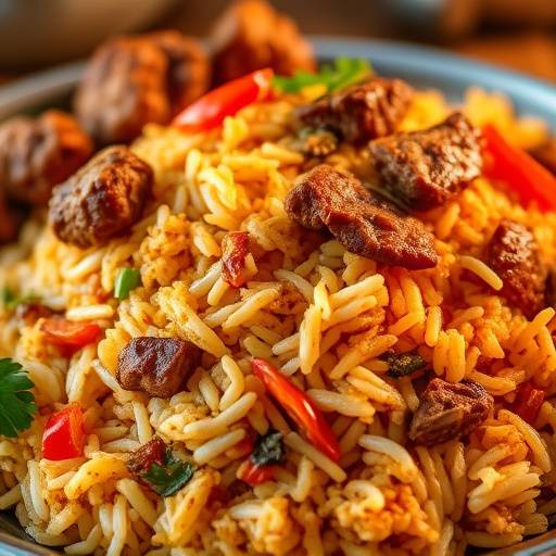 A hearty serving of Breyani, showcasing the colorful layers of rice, meat, and vegetables.