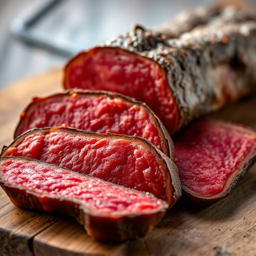 A plate of perfectly sliced Biltong, showcasing its rich color and texture.