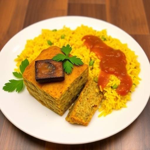 A serving of Bobotie with yellow rice and chutney
