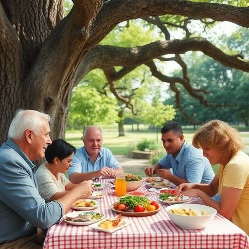 A South African family enjoying a traditional Sunday lunch outside under a large tree