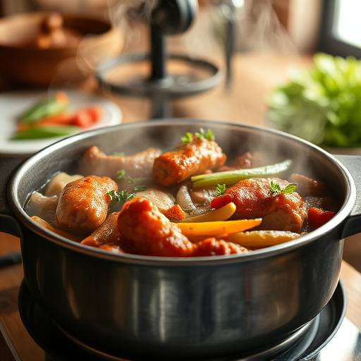 A steaming pot of hearty Potjiekos, showcasing the layered meat and vegetables.