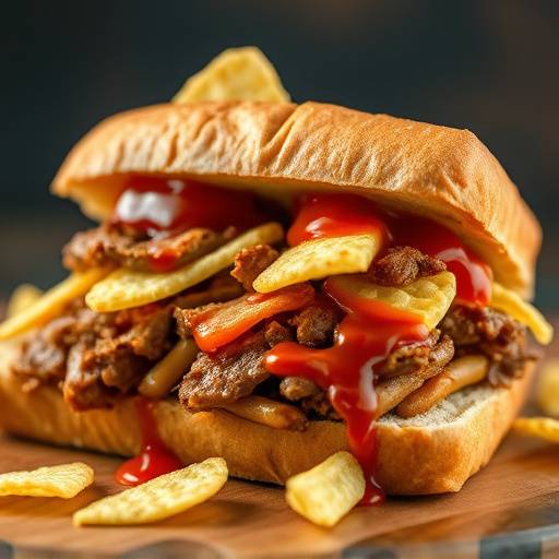 Close-up of a freshly made Gatsby sandwich, overflowing with chips, meat, and sauce