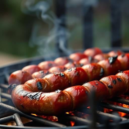 Close-up of Boerewors coils on a braai, sizzling and releasing aromatic smoke.