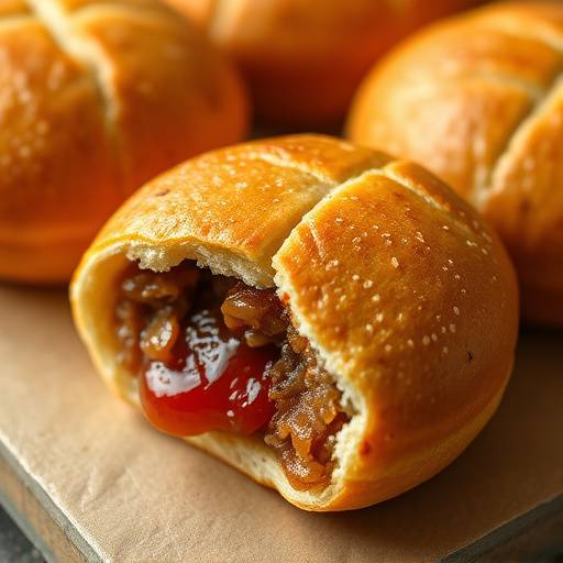 Close-up of Vetkoek, golden brown fried dough, some filled with mince, others with jam