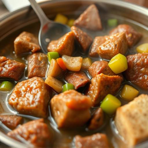 Close-up shot of a steaming pot of hearty Potjiekos, showcasing the layers of meat and vegetables