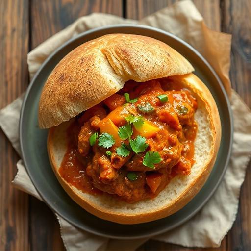 Overhead shot of a Bunny Chow, a hollowed-out loaf of bread filled with Durban curry